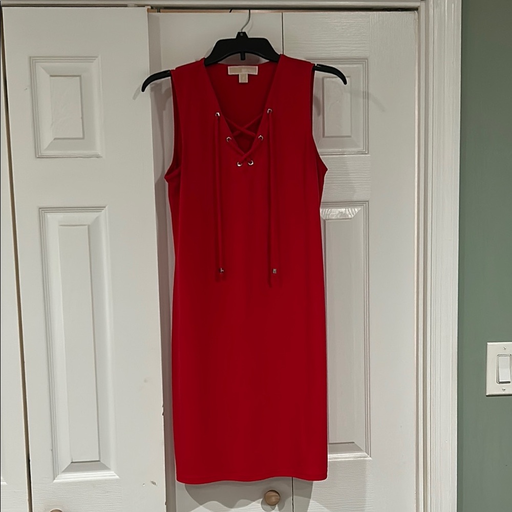 Michael Kors Red Sheath Mini Dress V-Neck Sleeveless